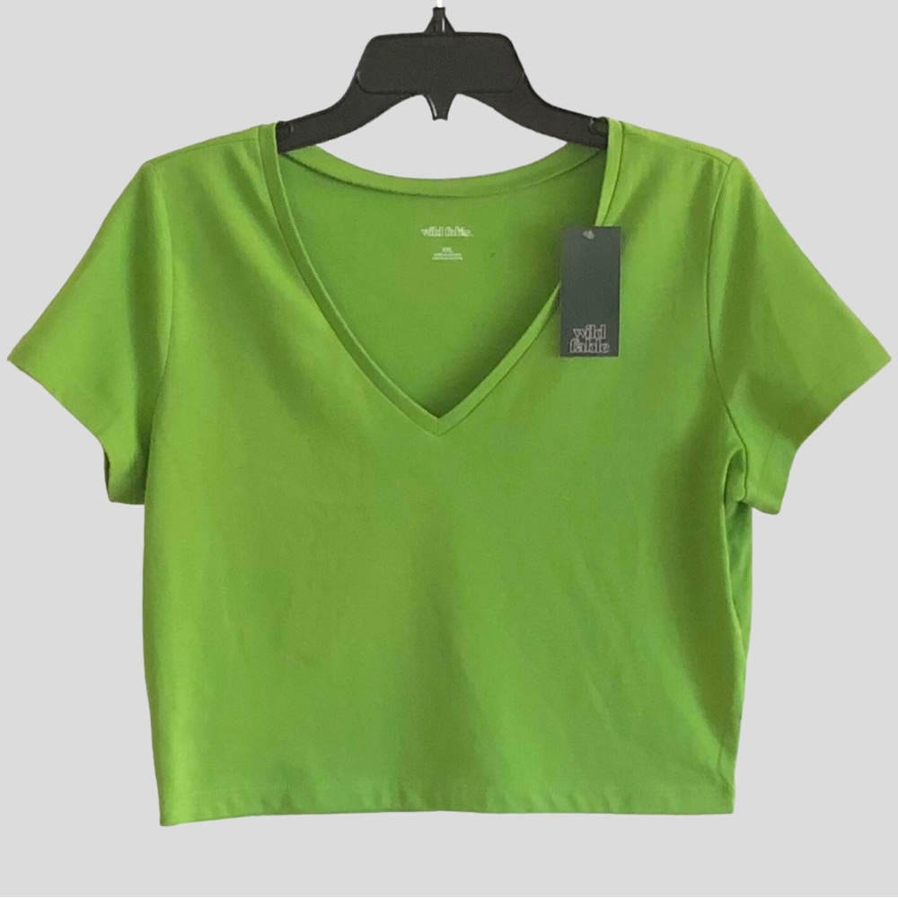 Women’s Size XXL Green Crop Tee V-Neck Cap Sleeves Stretch Cotton Blend … - Picture 1 of 3